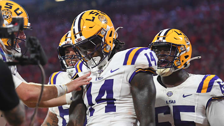 LSU Tigers tight end Trey'Dez Green celebrates with teammates after scoring a touchdown Saturday, Aug. 30, 2025 during the NCAA football game against the Clemson Tigers at Memorial Stadium in Clemson, South Carolina. LSU Tigers won 17-10.