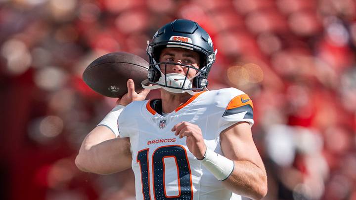 Santa Clara, California, USA; Denver Broncos quarterback Bo Nix (10) warms up before the game against the San Francisco 49ers at Levi's Stadium. Mandatory Credit: Kyle Terada-Imagn Images