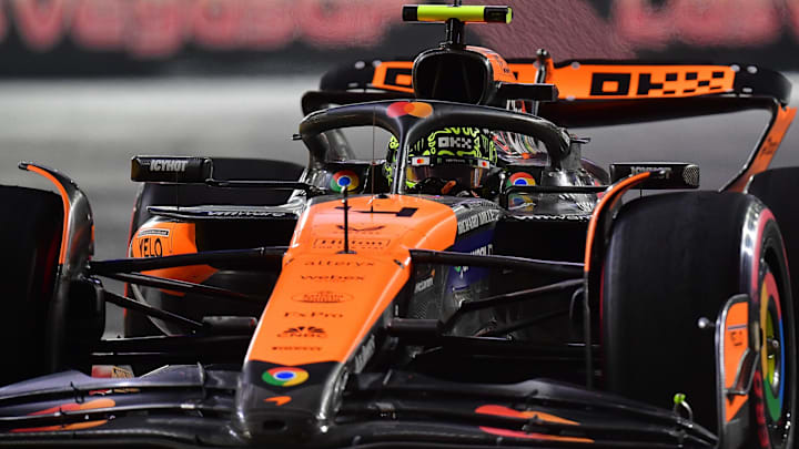 Nov 21, 2024; Las Vegas, Nevada, USA; McLaren driver Lando Norris (4) during practice for the Las Vegas Grand Prix at Las Vegas Circuit. Mandatory Credit: Gary A. Vasquez-Imagn Images