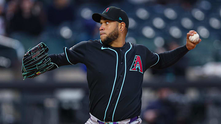 Apr 9, 2026; New York City, New York, USA; Arizona Diamondbacks pitcher Eduardo Rodriguez (57) delivers a pitch during the first inning against the New York Mets at Citi Field. Mandatory Credit: Vincent Carchietta-Imagn Images