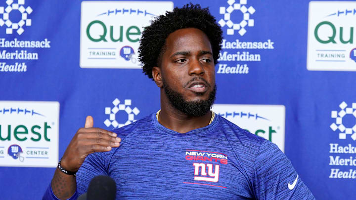 New York Giants assistant general manager Brandon Brown talks to reporters after the first day of mandatory minicamp at the Giants training center in East Rutherford on Tuesday, June 13, 2023.