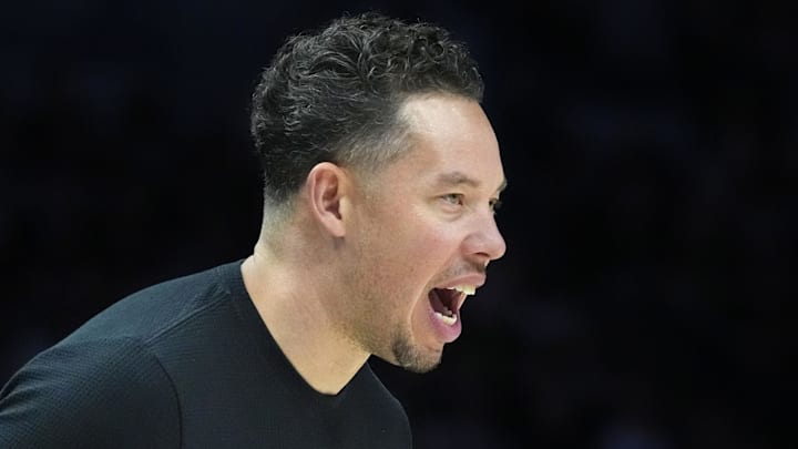 May 10, 2026; Minneapolis, Minnesota, USA; San Antonio Spurs head coach Mitch Johnson directs his team as they play the Minnesota Timberwolves in the first quarter of game four of the second round of the 2026 NBA Playoffs at Target Center. Mandatory Credit: Bruce Kluckhohn-Imagn Images