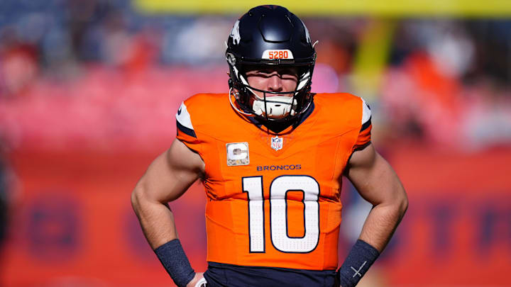 Nov 17, 2024; Denver, Colorado, USA; Denver Broncos quarterback Bo Nix (10) before the game against the Atlanta Falcons at Empower Field at Mile High. 