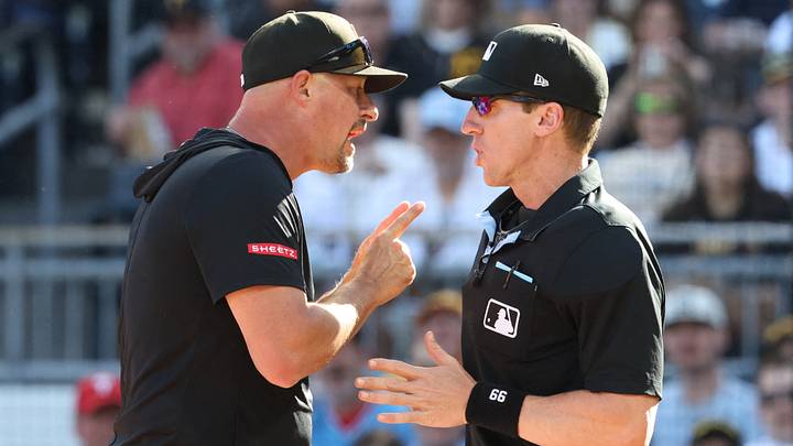 May 30, 2026; Pittsburgh, Pennsylvania, USA; Pittsburgh Pirates manager Don Kelly (left) has words with home plate umpire Alex Tosi (66) against the Minnesota Twins during the fourth inning at PNC Park. Mandatory Credit: Charles LeClaire-Imagn Images May 30, 2026; Pittsburgh, Pennsylvania, USA; Pittsburgh Pirates manager Don Kelly (left) has words with home plate umpire Alex Tosi (66) against the Minnesota Twins during the fourth inning at PNC Park. Mandatory Credit: Charles LeClaire-Imagn Images