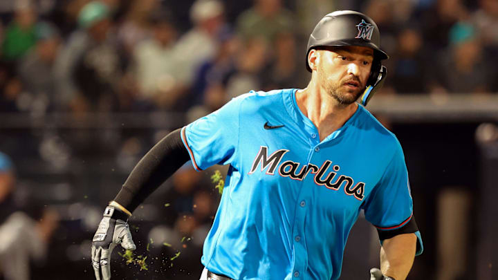 Feb 29, 2024; Tampa, Florida, USA; Miami Marlins first baseman Trey Mancini (13) singles during the second inning against the New York Yankees at George M. Steinbrenner Field. Mandatory Credit: Kim Klement Neitzel-Imagn Images