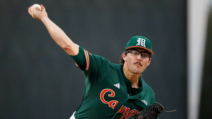 Griffin Hugus throwing for the Miami Hurricanes against Niagara.