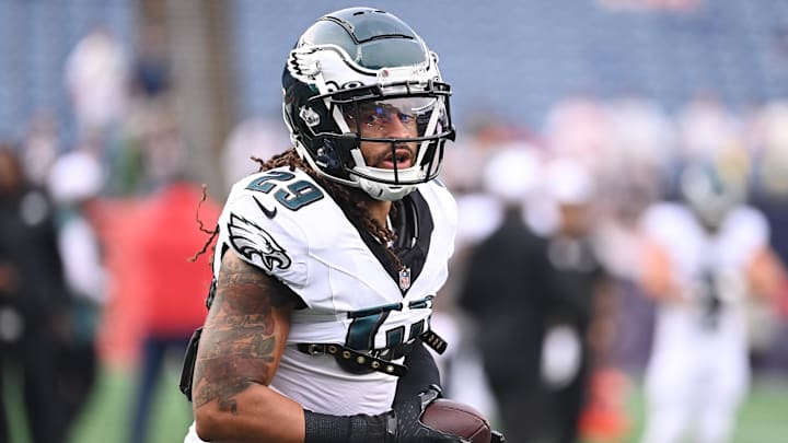 Aug 15, 2024; Foxborough, MA, USA; Philadelphia Eagles cornerback Avonte Maddox (29) warms up before a game against the New England Patriots at Gillette Stadium.