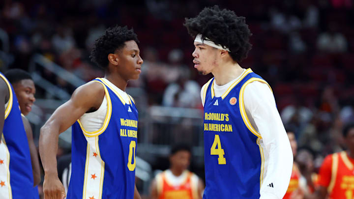 Mar 31, 2026; Glendale, AZ, USA; Tyran Stokes (4) with Brandon McCoy Jr (0) during the McDonalds All American Boys Game at Desert Diamond Arena. Mandatory Credit: Mark J. Rebilas-Imagn Images