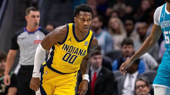 Nov 8, 2024; Charlotte, North Carolina, USA; Indiana Pacers guard Bennedict Mathurin (00) during the first quarter against the Charlotte Hornets at Spectrum Center. Mandatory Credit: Scott Kinser-Imagn Images