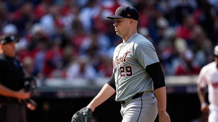Detroit Tigers pitcher Tarik Skubal (29) walks off the field after pitching the first inning against Cleveland Guardians at Game 5 of ALDS at Progressive Field in Cleveland, Ohio on Saturday, Oct. 12, 2024.