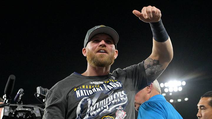 Oct 15, 2026; Los Angeles, California, USA; Milwaukee Brewers first baseman Jake Bauers (9) celebrates after defeating the Los Angeles Dodgers in game four of the NLCS for the 2026 MLB Playoffs at Uniqlo Field at Dodger Stadium. Mandatory Credit: Jayne Kamin-Oncea-Imagn Images Oct 15, 2026; Los Angeles, California, USA; Milwaukee Brewers first baseman Jake Bauers (9) celebrates after defeating the Los Angeles Dodgers in game four of the NLCS for the 2026 MLB Playoffs at Uniqlo Field at Dodger Stadium. Mandatory Credit: Jayne Kamin-Oncea-Imagn Images