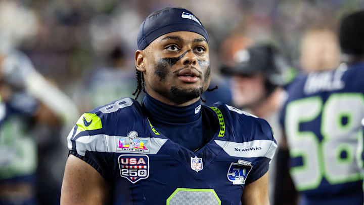 Feb 8, 2026; Santa Clara, CA, USA; Seattle Seahawks safety Coby Bryant (8) against the New England Patriots during Super Bowl LX at Levi's Stadium. Mandatory Credit: Mark J. Rebilas-Imagn Images