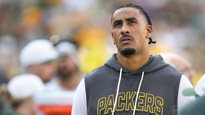Aug 23, 2025; Green Bay, Wisconsin, USA;  Green Bay Packers quarterback Jordan Love (10) looks on during the second half against Seattle Seahawks at Lambeau Field. Mandatory Credit: Kayla Wolf-Imagn Images