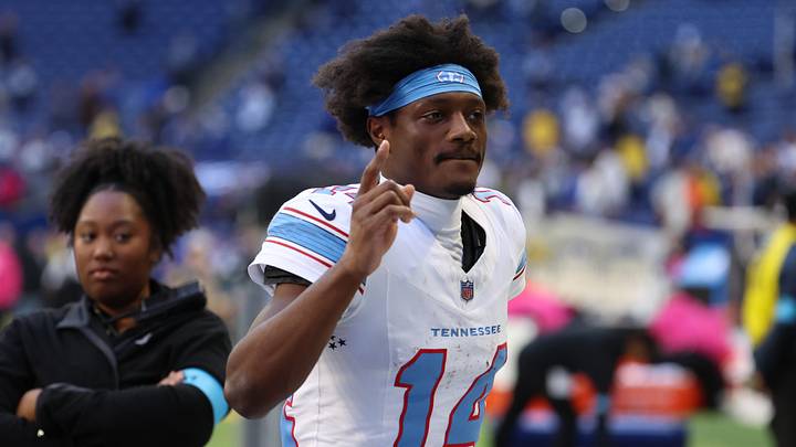 Oct 18, 2026; Indianapolis, Indiana, USA;  Tennessee Titans wide receiver Carnell Tate (14) walks off the field after the game against the Indianapolis Colts at Lucas Oil Stadium.  