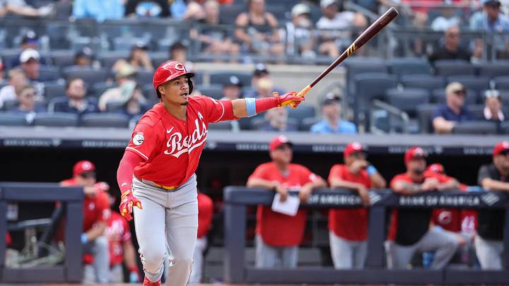 Jun 21, 2026; Bronx, New York, USA; Cincinnati Reds right fielder Noelvi Marte (4) hits an RBI double in the ninth inning against the New York Yankees at Yankee Stadium. Mandatory Credit: Wendell Cruz-Imagn Images Jun 21, 2026; Bronx, New York, USA; Cincinnati Reds right fielder Noelvi Marte (4) hits an RBI double in the ninth inning against the New York Yankees at Yankee Stadium. Mandatory Credit: Wendell Cruz-Imagn Images