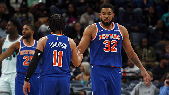 Feb 28, 2025; Memphis, Tennessee, USA; New York Knicks center Karl-Anthony Towns (32) reacts with guard Jalen Brunson (11) during the third quarter against the Memphis Grizzlies at FedExForum. Mandatory Credit: Petre Thomas-Imagn Images Feb 28, 2025; Memphis, Tennessee, USA; New York Knicks center Karl-Anthony Towns (32) reacts with guard Jalen Brunson (11) during the third quarter against the Memphis Grizzlies at FedExForum. Mandatory Credit: Petre Thomas-Imagn Images