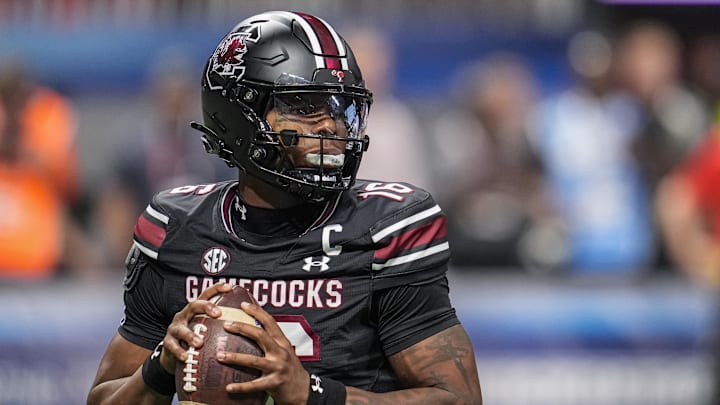 Aug 31, 2025; Atlanta, Georgia, USA; South Carolina Gamecocks quarterback LaNorris Sellers (16) drops back to pass against the Virginia Tech Hokies during the second half at Mercedes-Benz Stadium. Mandatory Credit: Dale Zanine-Imagn Images
