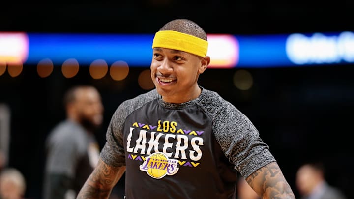 Mar 9, 2018; Denver, CO, USA; Los Angeles Lakers guard Isaiah Thomas (3) reacts before a game against the Denver Nuggets at the Pepsi Center. Mandatory Credit: Isaiah J. Downing-Imagn Images Mar 9, 2018; Denver, CO, USA; Los Angeles Lakers guard Isaiah Thomas (3) reacts before a game against the Denver Nuggets at the Pepsi Center. Mandatory Credit: Isaiah J. Downing-Imagn Images