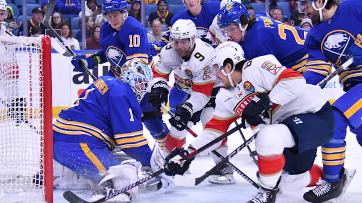 Jan 16, 2023; Buffalo, New York, USA; Florida Panthers defenseman Brandon Montour (right) scores a