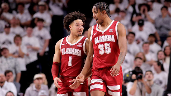 Jan 11, 2025; College Station, Texas, USA; Alabama Crimson Tide guard Mark Sears (1) talks with Alabama Crimson Tide forward Derrion Reid (35) during a timeout against the Texas A&M Aggies during the second half at Reed Arena. Mandatory Credit: Erik Williams-Imagn Images Jan 11, 2025; College Station, Texas, USA; Alabama Crimson Tide guard Mark Sears (1) talks with Alabama Crimson Tide forward Derrion Reid (35) during a timeout against the Texas A&M Aggies during the second half at Reed Arena. Mandatory Credit: Erik Williams-Imagn Images