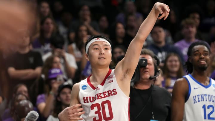 Nebraska guard Keisei Tominaga competes in the three-point contest during the 2024 State Farm College Slam Dunk & Three-Point Championships at GCU in Phoenix.
