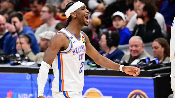 Jan 19, 2026; Cleveland, Ohio, USA; Oklahoma City Thunder guard Shai Gilgeous-Alexander (2) celebrates after a basket against the Cleveland Cavaliers during the second half at Rocket Arena. Mandatory Credit: Ken Blaze-Imagn Images