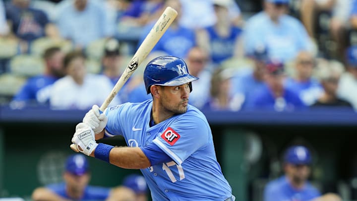 Aug 21, 2025; Kansas City, Missouri, USA; Kansas City Royals catcher Luke Maile (17) bats during the seventh inning against the Texas Rangers at Kauffman Stadium. Mandatory Credit: Jay Biggerstaff-Imagn Images