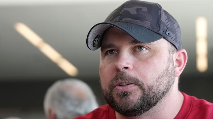 Arizona Cardinals offensive line coach Klayton Adams speaks with the media as he is introduced as a new hire with fellow coaches at the Cardinals facility in Tempe on March 8, 2023.

Nfl Cardinals Offensive Assistant Coaches Introduction