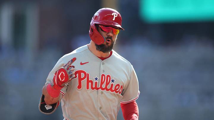 Sep 30, 2026; Cumberland, Georgia, USA;  Philadelphia Phillies designated hitter Kyle Schwarber (12) rounds the bases after hitting a solo home run against the Atlanta Braves in the eighth inning during game two of the Wildcard round for the 2026 MLB Playoffs at Truist Park.  Mandatory Credit: Brett Davis-Imagn Images