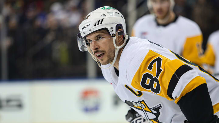 Apr 1, 2024; New York, New York, USA; Pittsburgh Penguins center Sidney Crosby (87) during the second period against the New York Rangers at Madison Square Garden. Mandatory Credit: Danny Wild-USA TODAY Sports