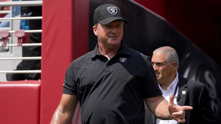 Las Vegas Raiders coach Jon Gruden walks onto the field before the start of the game at the San Francisco 49ers.