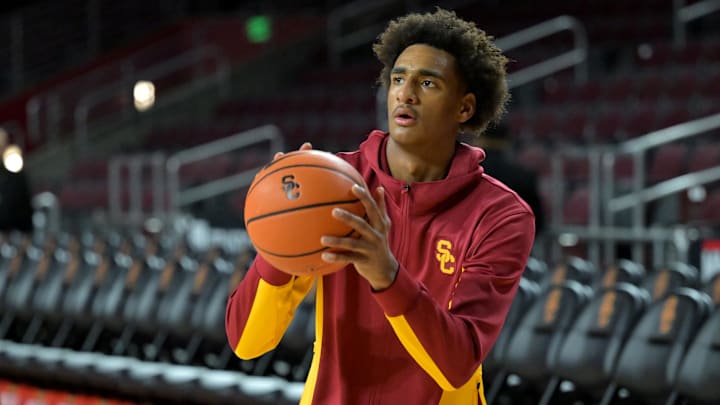 Dec 21, 2025; Los Angeles, California, USA; USC Trojans guard Alijah Arenas (0) warms up prior to the game against the UC Santa Cruz Banana Slugs at Galen Center.