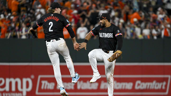 Jun 29, 2024; Baltimore, Maryland, USA;  Baltimore Orioles players celebrate.