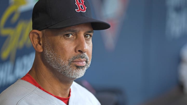 Jul 21, 2025; Philadelphia, Pennsylvania, USA; Boston Red Sox manager Alex Cora (13) in the dugout against the Philadelphia Phillies at Citizens Bank Park. Mandatory Credit: Eric Hartline-Imagn Images Jul 21, 2025; Philadelphia, Pennsylvania, USA; Boston Red Sox manager Alex Cora (13) in the dugout against the Philadelphia Phillies at Citizens Bank Park. Mandatory Credit: Eric Hartline-Imagn Images