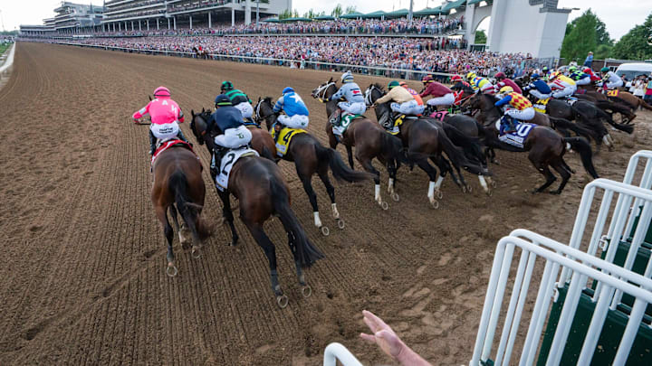 The field of horses rush out of the starting gate Saturday, May 4, 2024, during of the 150th running of the Kentucky Derby at Churchill Downs in Louisville, Kentucky. The field of horses rush out of the starting gate Saturday, May 4, 2024, during of the 150th running of the Kentucky Derby at Churchill Downs in Louisville, Kentucky.
