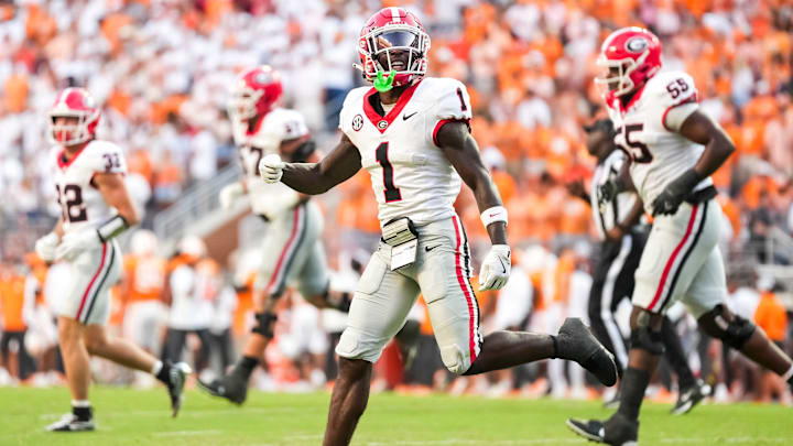 Georgia wide receiver Zachariah Branch (1) celebrates after Georgia converted a two-point player to tie the game during a college football game between Tennessee and Georgia at Neyland Stadium in Knoxville, Tenn., on Sept. 13, 2025. Georgia wide receiver Zachariah Branch (1) celebrates after Georgia converted a two-point player to tie the game during a college football game between Tennessee and Georgia at Neyland Stadium in Knoxville, Tenn., on Sept. 13, 2025.