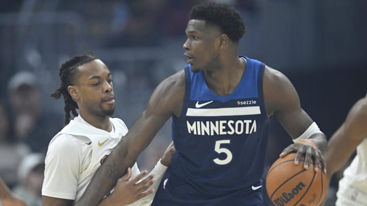 Cleveland Cavaliers guard Darius Garland defends Minnesota Timberwolves guard Anthony Edwards in the first quarter at Rocket Mortgage FieldHouse in Cleveland on Feb. 10, 2025. Cleveland Cavaliers guard Darius Garland defends Minnesota Timberwolves guard Anthony Edwards in the first quarter at Rocket Mortgage FieldHouse in Cleveland on Feb. 10, 2025.
