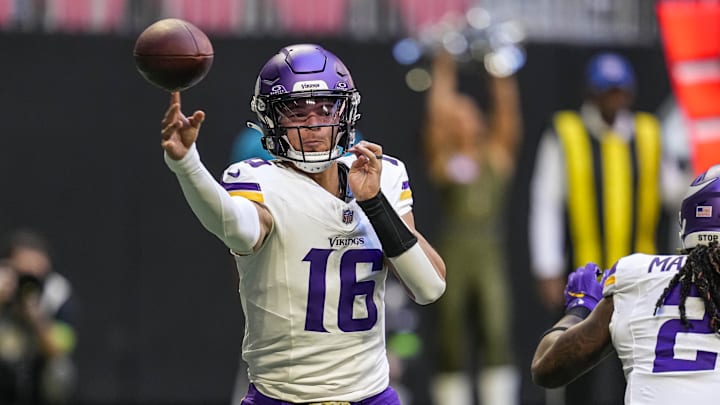Nov 5, 2023; Atlanta, Georgia, USA; Minnesota Vikings quarterback Jaren Hall (16) passes the ball