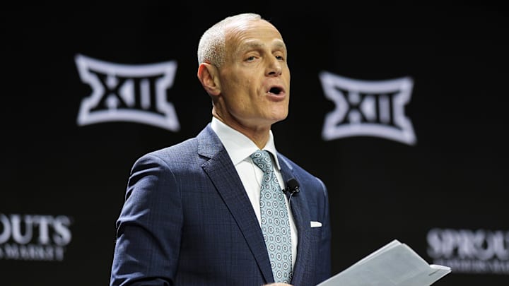Oct 22, 2024; Kansas City, MO, USA; Big 12 Commissioner Brett Yormark speaks to media during Big 12 Women’s Basketball Media Day at T-Mobile Center. 