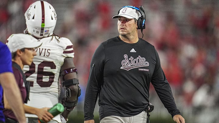 Oct 12, 2024; Athens, Georgia, USA; Mississippi State Bulldogs head coach Jeff Lebby on the field during the game against the Georgia Bulldogs during the second half at Sanford Stadium. Mandatory Credit: Dale Zanine-Imagn Images
