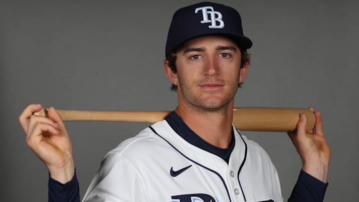 Feb 19, 2026; PortCharlotte, FL, USA; Tampa Bay Rays shortstop Carson Williams (7) poses for a photo during media day. Feb 19, 2026; PortCharlotte, FL, USA; Tampa Bay Rays shortstop Carson Williams (7) poses for a photo during media day.