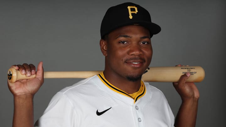 Feb 18, 2025; Bradenton, FL, USA; Pittsburgh Pirates infielder Termarr Johnson (81) poses for a photo during media day at Pirate City. Mandatory Credit: Kim Klement Neitzel-Imagn Images