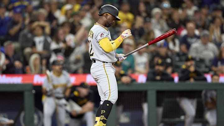 Jul 5, 2025; Seattle, Washington, USA; Pittsburgh Pirates designated hitter Andrew McCutchen (22) strikes out to Seattle Mariners pitcher Andrés Muñoz (75) during the ninth inning at T-Mobile Park. Mandatory Credit: John Froschauer-Imagn Images
