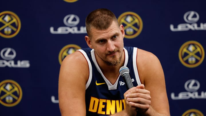 Sep 26, 2024; Denver, Co, USA; Denver Nuggets center Nikola Jokic (15) during Denver Nuggets Media Day. Mandatory Credit: Isaiah J. Downing-Imagn Images Sep 26, 2024; Denver, Co, USA; Denver Nuggets center Nikola Jokic (15) during Denver Nuggets Media Day. Mandatory Credit: Isaiah J. Downing-Imagn Images