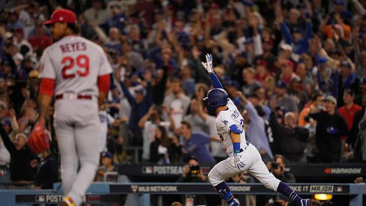 Oct 6, 2021; Los Angeles, California, USA; Los Angeles Dodgers left fielder Chris Taylor (3) celebrates hitting a two-run homer off of St. Louis Cardinals relief pitcher Alex Reyes (29) ini the bottom of the inning during the National League Wild Card Game at Dodger Stadium. Mandatory Credit: Robert Hanashiro-USA TODAY Sports Oct 6, 2021; Los Angeles, California, USA; Los Angeles Dodgers left fielder Chris Taylor (3) celebrates hitting a two-run homer off of St. Louis Cardinals relief pitcher Alex Reyes (29) ini the bottom of the inning during the National League Wild Card Game at Dodger Stadium. Mandatory Credit: Robert Hanashiro-USA TODAY Sports
