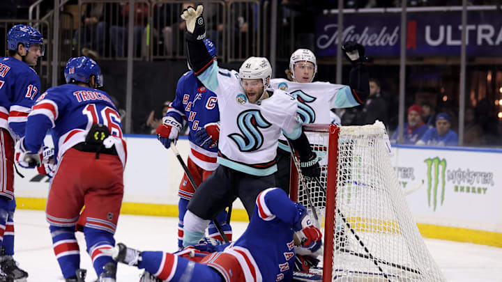 Jan 12, 2026; New York, New York, USA; Seattle Kraken center Shane Wright (51) celebrates his goal against the New York Rangers during the third period at Madison Square Garden. Mandatory Credit: Brad Penner-Imagn Images