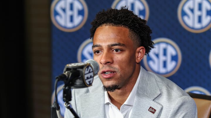 Mississippi State Bulldogs wide receiver Brenen Thompson answers questions from the media during the SEC Media Days at Omni Atlanta Hotel. Mississippi State Bulldogs wide receiver Brenen Thompson answers questions from the media during the SEC Media Days at Omni Atlanta Hotel.