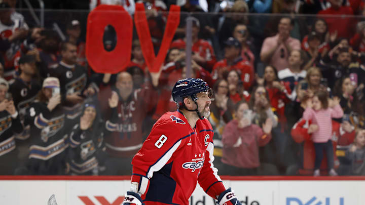 Apr 12, 2026; Washington, District of Columbia, USA; Washington Capitals left wing Alex Ovechkin (8) skates off the ice after the Capitals' game against the Pittsburgh Penguins at Capital One Arena. Mandatory Credit: Geoff Burke-Imagn Images
