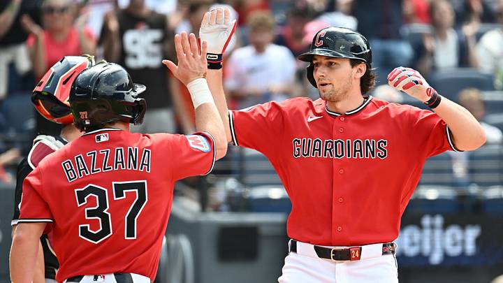 Jul 5, 2026: Cleveland Guardians right fielder Chase DeLauter (24) celebrates with second baseman Travis Bazzana (37) after hitting a home run during the first inning against the Chicago White Sox at Progressive Field. Credit: Ken Blaze-Imagn Images