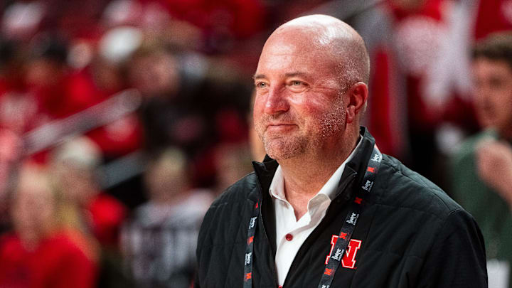 Nov 4, 2024; Lincoln, Nebraska, USA; Nebraska Cornhuskers Athletic Director Troy Dannen watches warmups before the game against the UT Rio Grande Valley Vaqueros at Pinnacle Bank Arena.